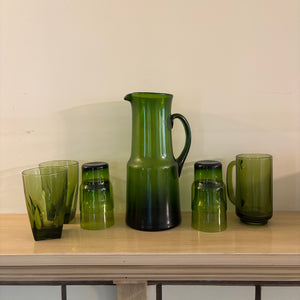 Mid Century Modern 10" Tall Green Glass Pitcher with 7 Glasses - R520