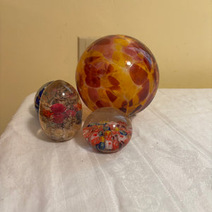 Glass Orb, 2 Glass Paperweights and 1 Plastic Paperweight - R529