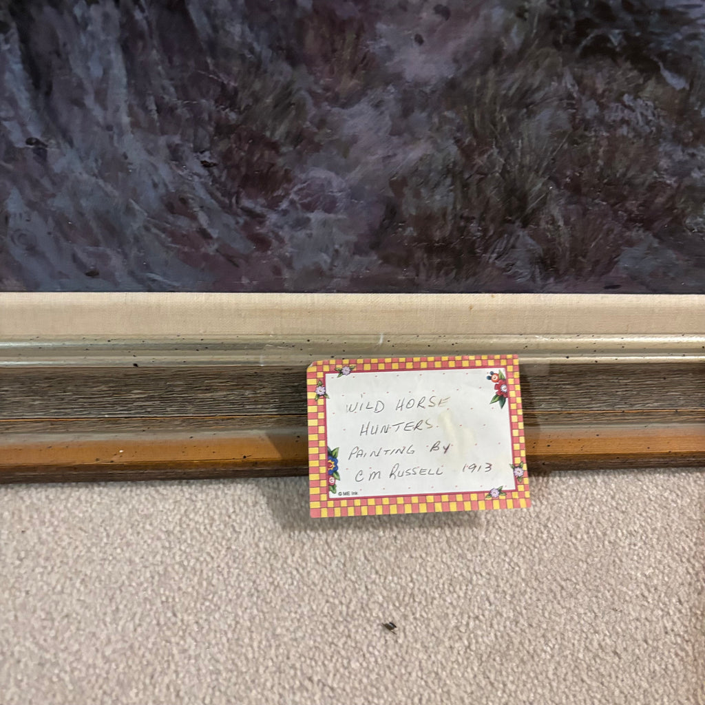 Y303 Vintage original oil on canvas with ornate frame (H. Reimer copy of CM Russel’s “Wild Horse Hunters”)