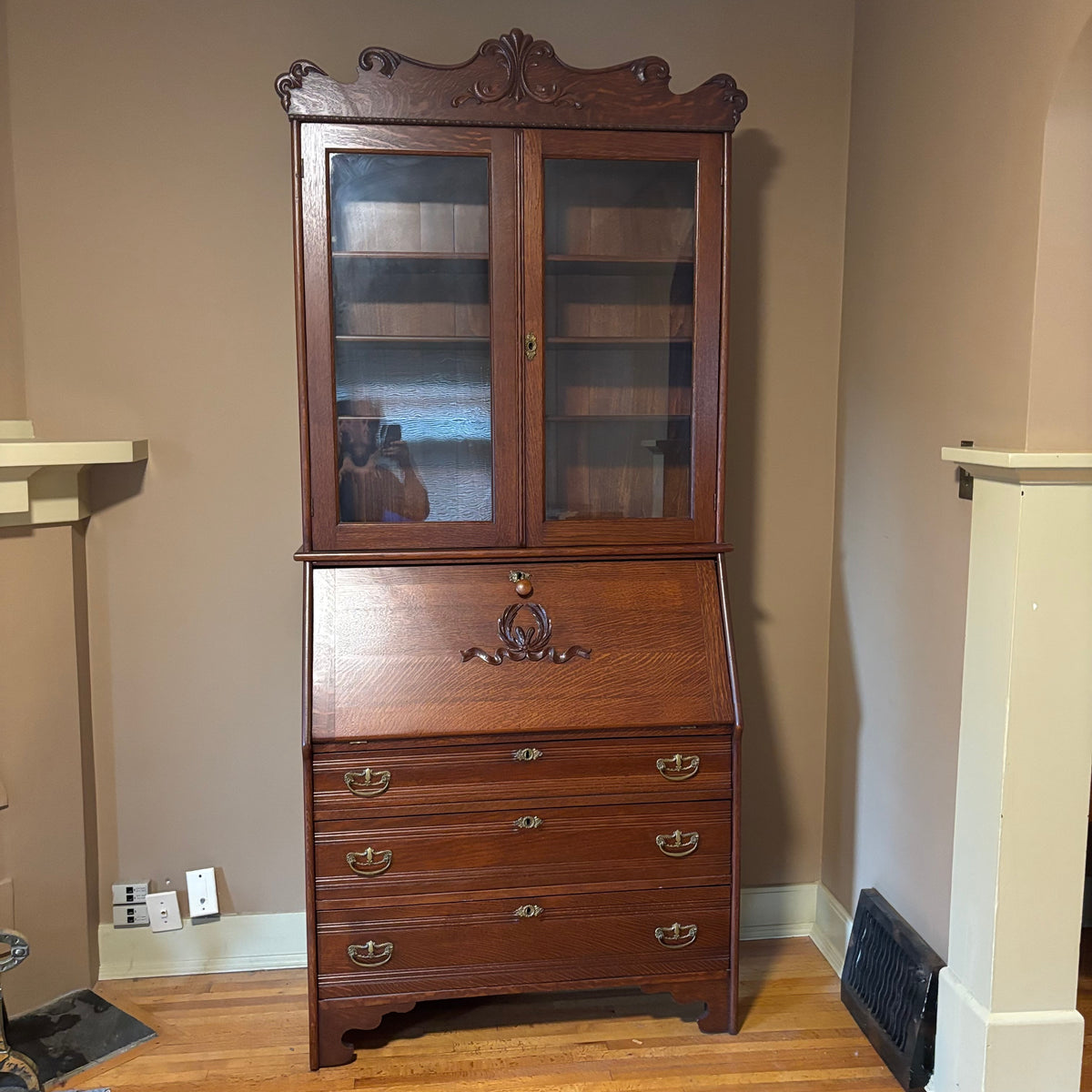 E124 Vintage solid wood secretary desk with upper cabinet (89" x 38" x 17.5")