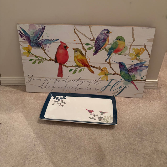24”x14” Bird Wall Art and Bird Ceramic Tray - B221