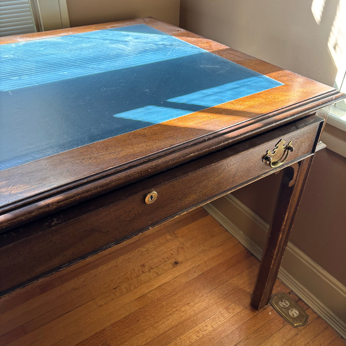 E160 Antique solid wood barrister desk with inlayed blue leather and 2 drawers (31” x 71” x 20”)