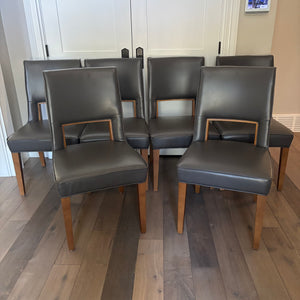 Set of 6 grey faux leather dining chairs with wood details - J496 (some wear on 2 chairs)
