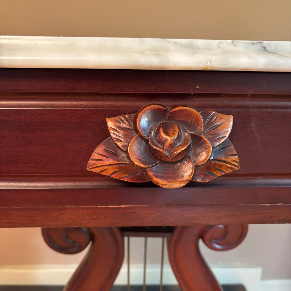 E102 Antique Solid wood accent table with marble top (28” x 17” x 14”)