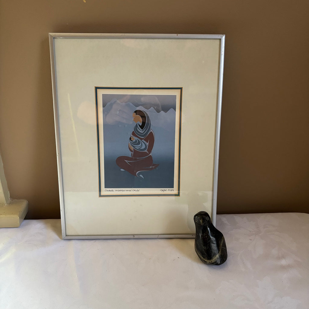 E149 Framed artwork and carving grouping