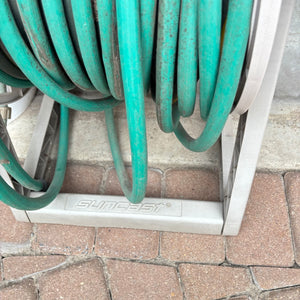 Hose Reel with Hose and White Bucket of Garden Tools - O115