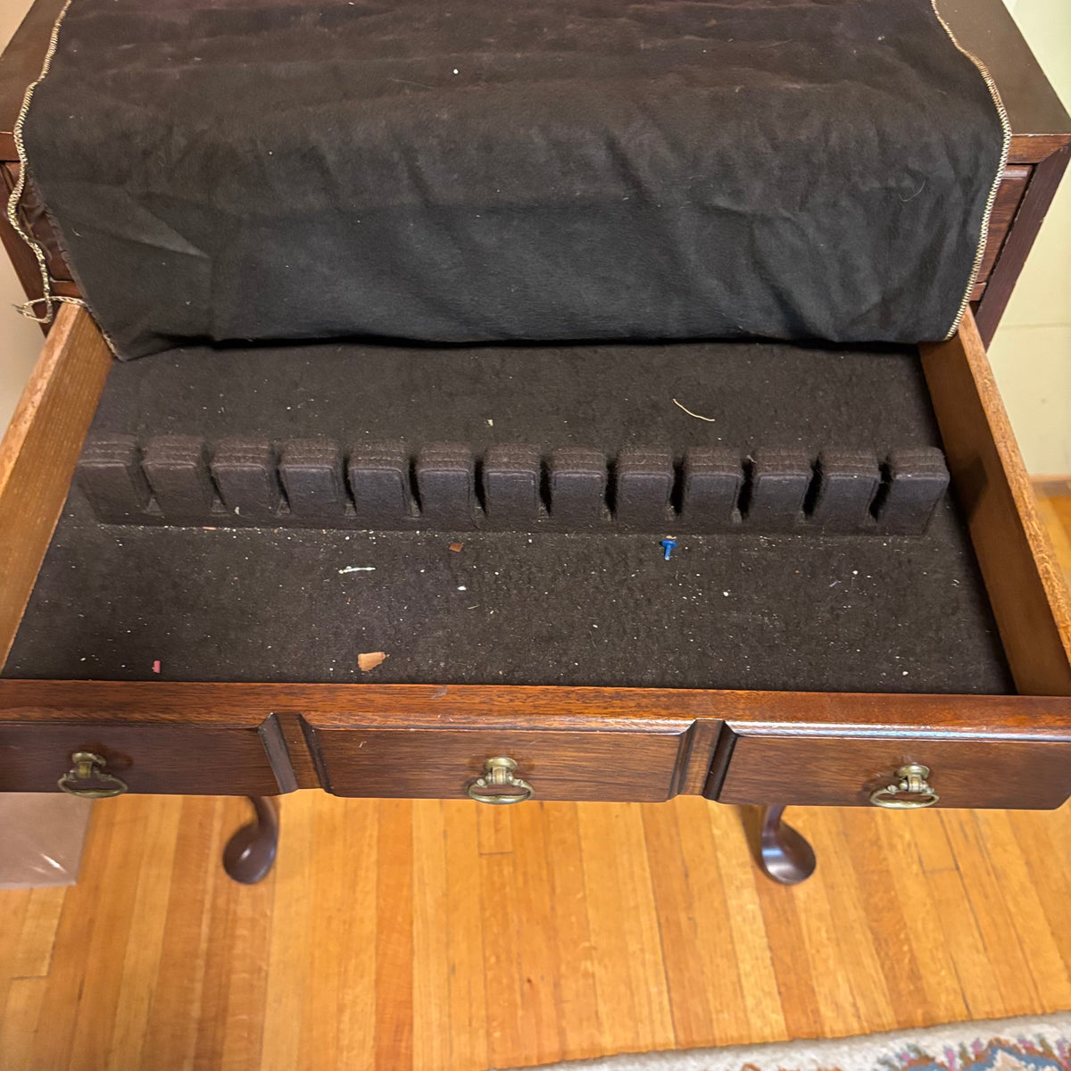 E103 Vintage Solid Wood Hickory chair company 3 drawer silverware chest (35” x 22” x 14”)