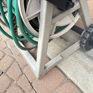 Hose Reel with Hose and White Bucket of Garden Tools - O115