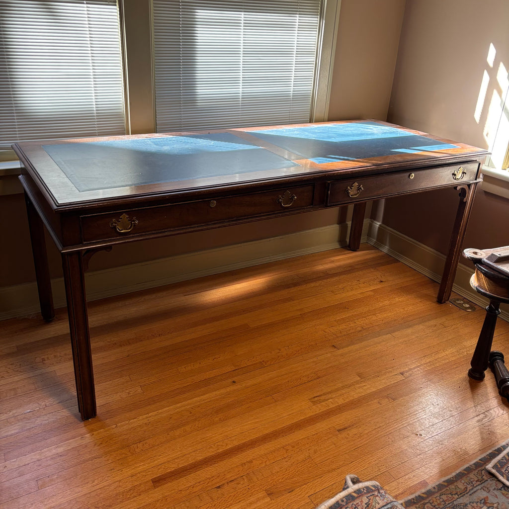 E160 Antique solid wood barrister desk with inlayed blue leather and 2 drawers (31” x 71” x 20”)
