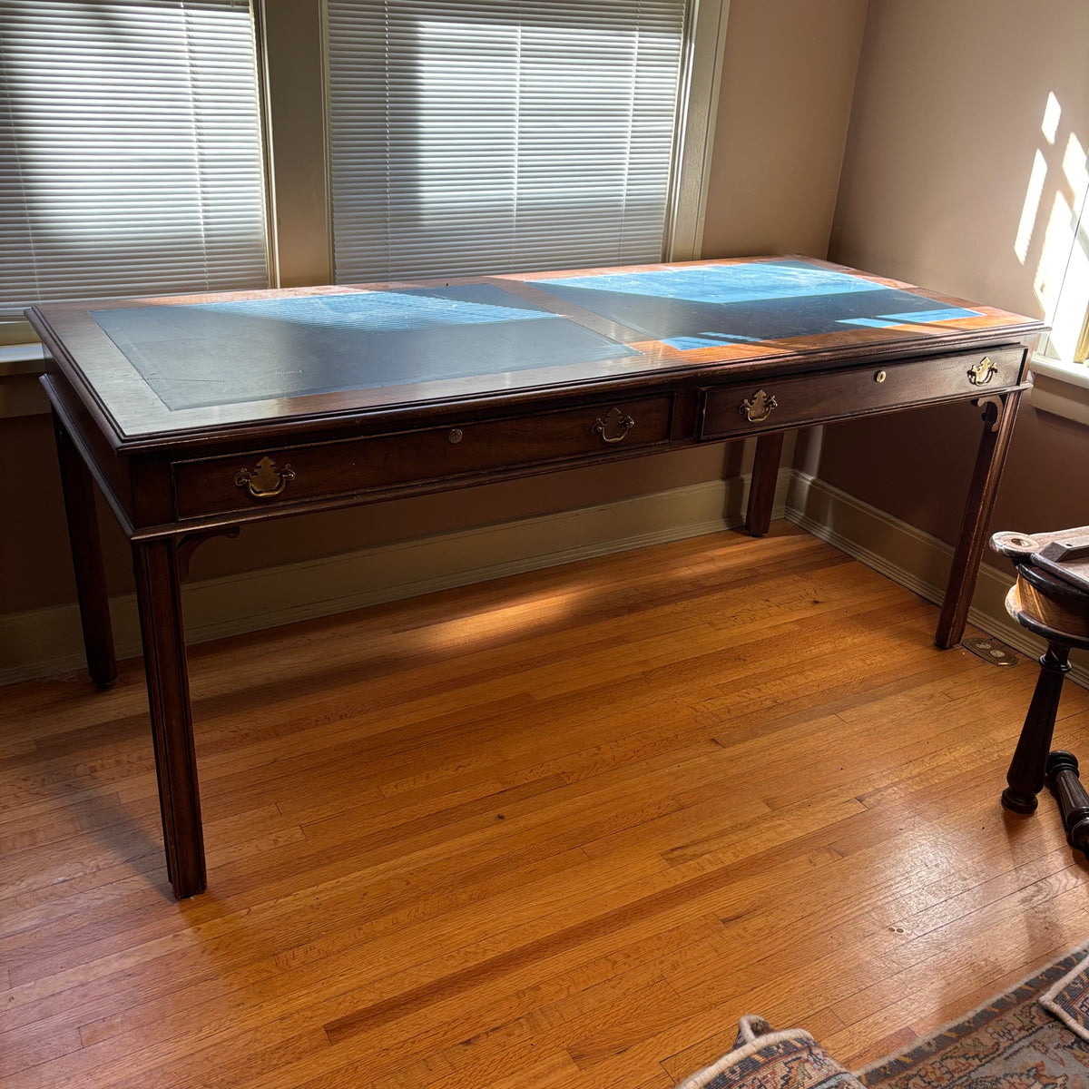 E160 Antique solid wood barrister desk with inlayed blue leather and 2 drawers (31” x 71” x 20”)