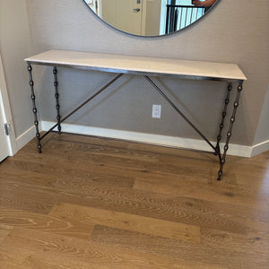 59" Long Console Table with Twisted Iron Pin Leg Frame and Solid White Marble Top - G418