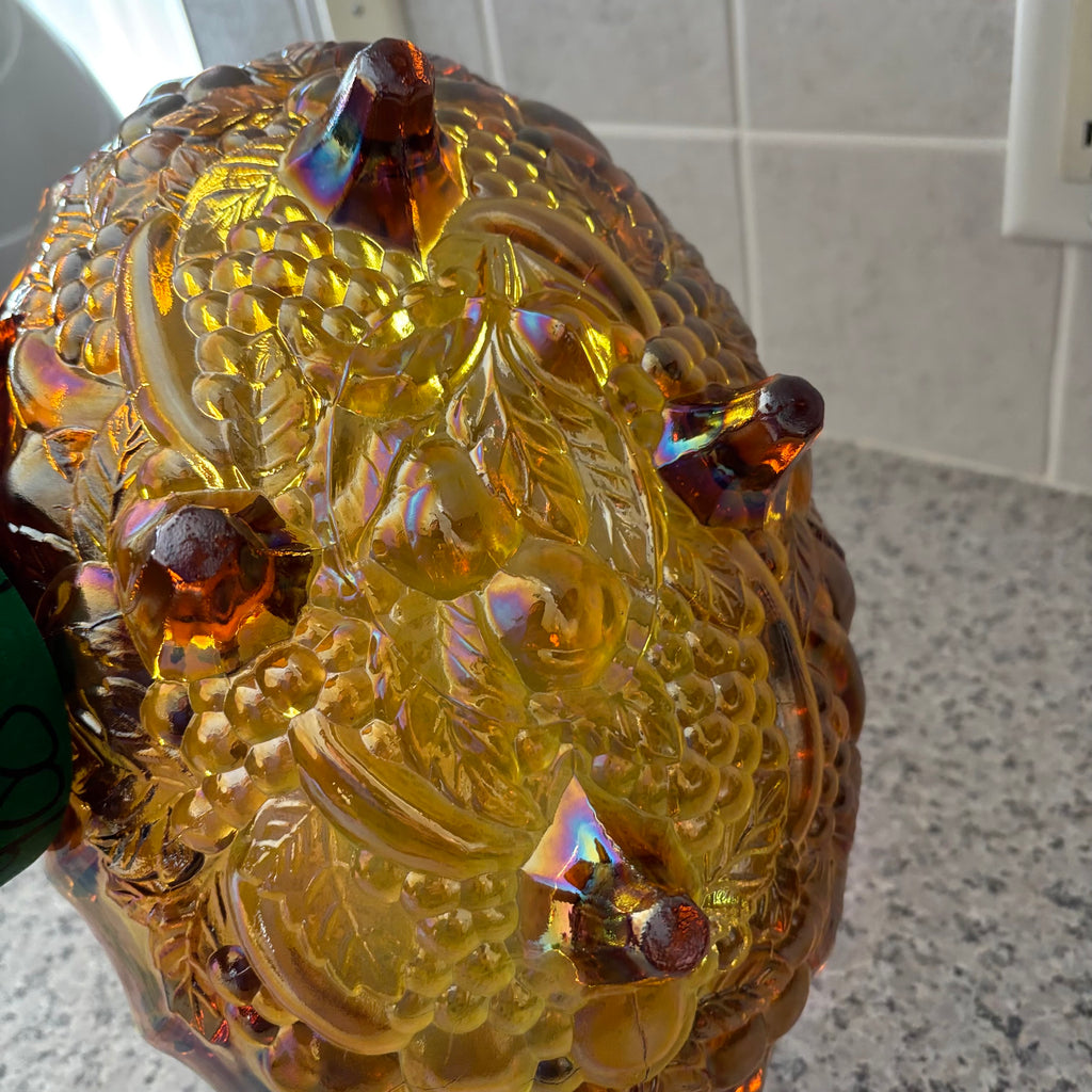 E899 Vintage Indiana Glass Large Amber Carnival Glass Footed Oval Harvest Bowl