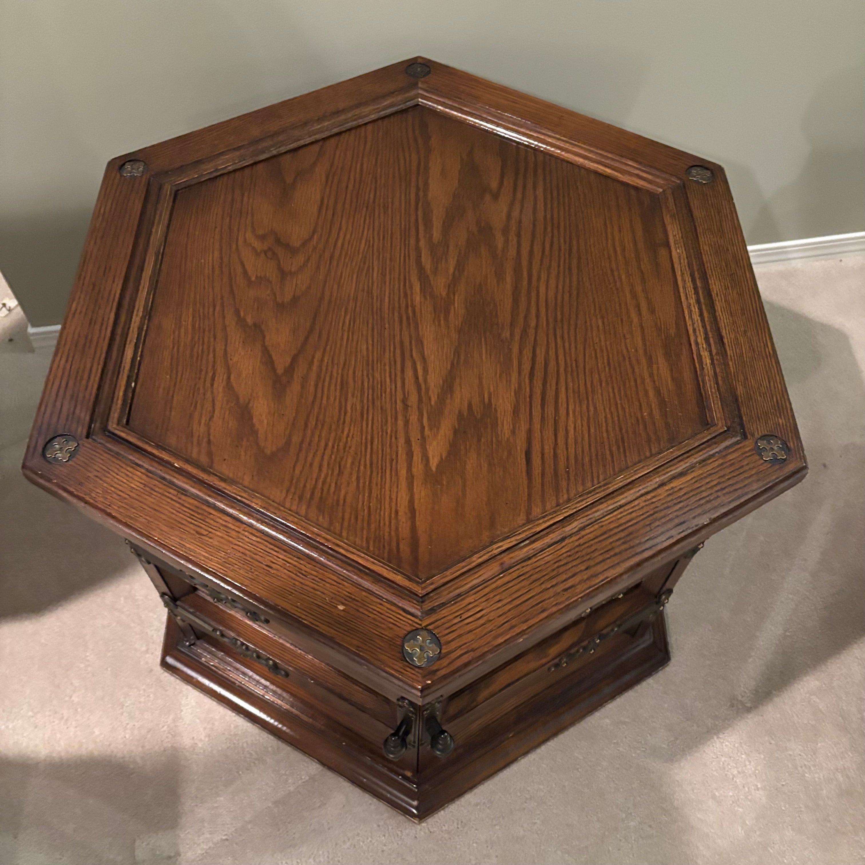 E855 Vintage solid wood octagon side table with door
