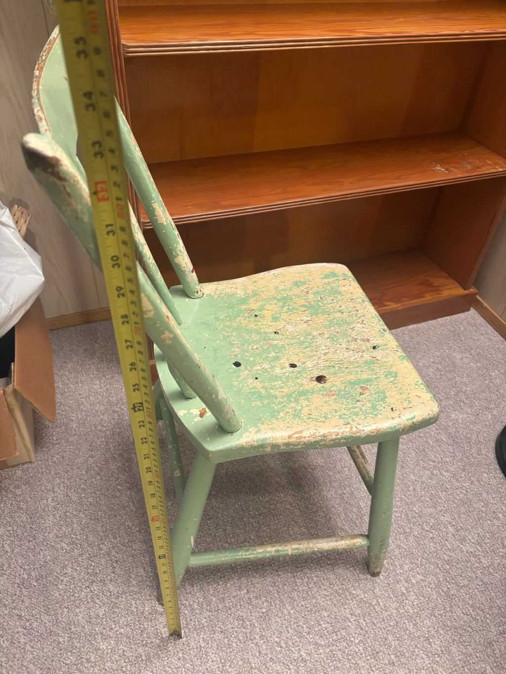 K521B 2 Bins of Sewing Notions, Handcrafted wooden bookshelf and green vintage wood chair
