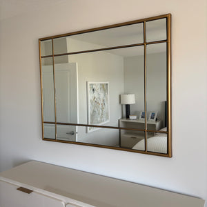 49” x 40” Antiqued Brushed Brass Framed Wall Mirror (Tile on top right is slightly separated) - G335