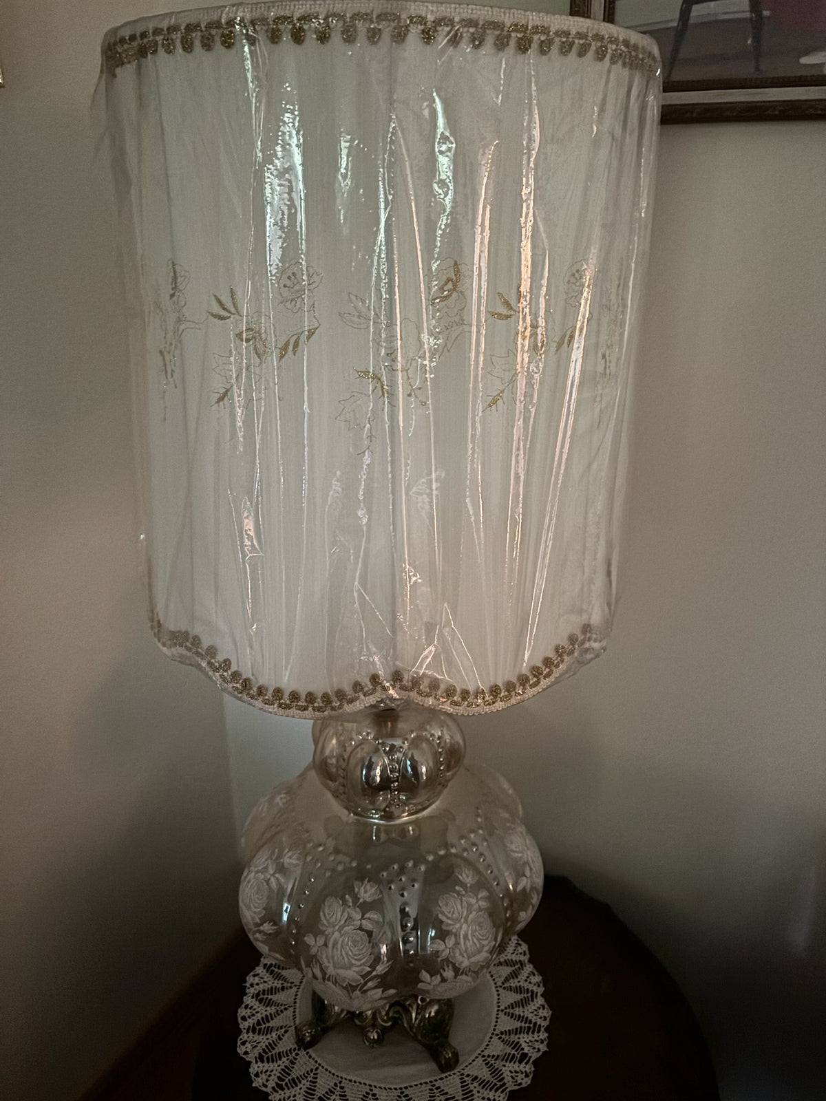 F203C 40” Tall Vintage table lamp with peachy toned art glass base