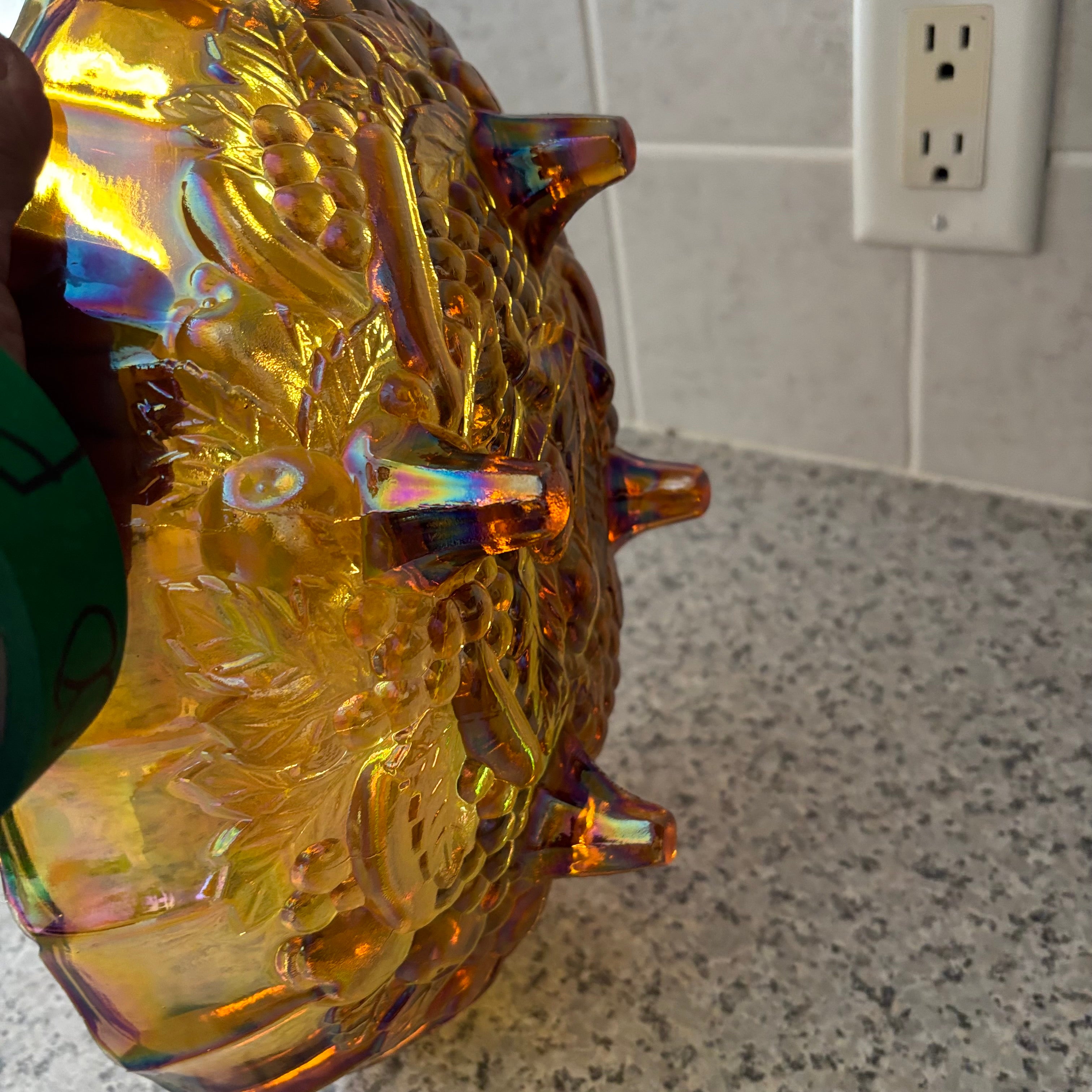 E899 Vintage Indiana Glass Large Amber Carnival Glass Footed Oval Harvest Bowl