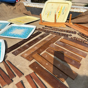 As is MCM Starburst Clock, Clock Pieces, Wooden Shelves and Metal Trays - R399