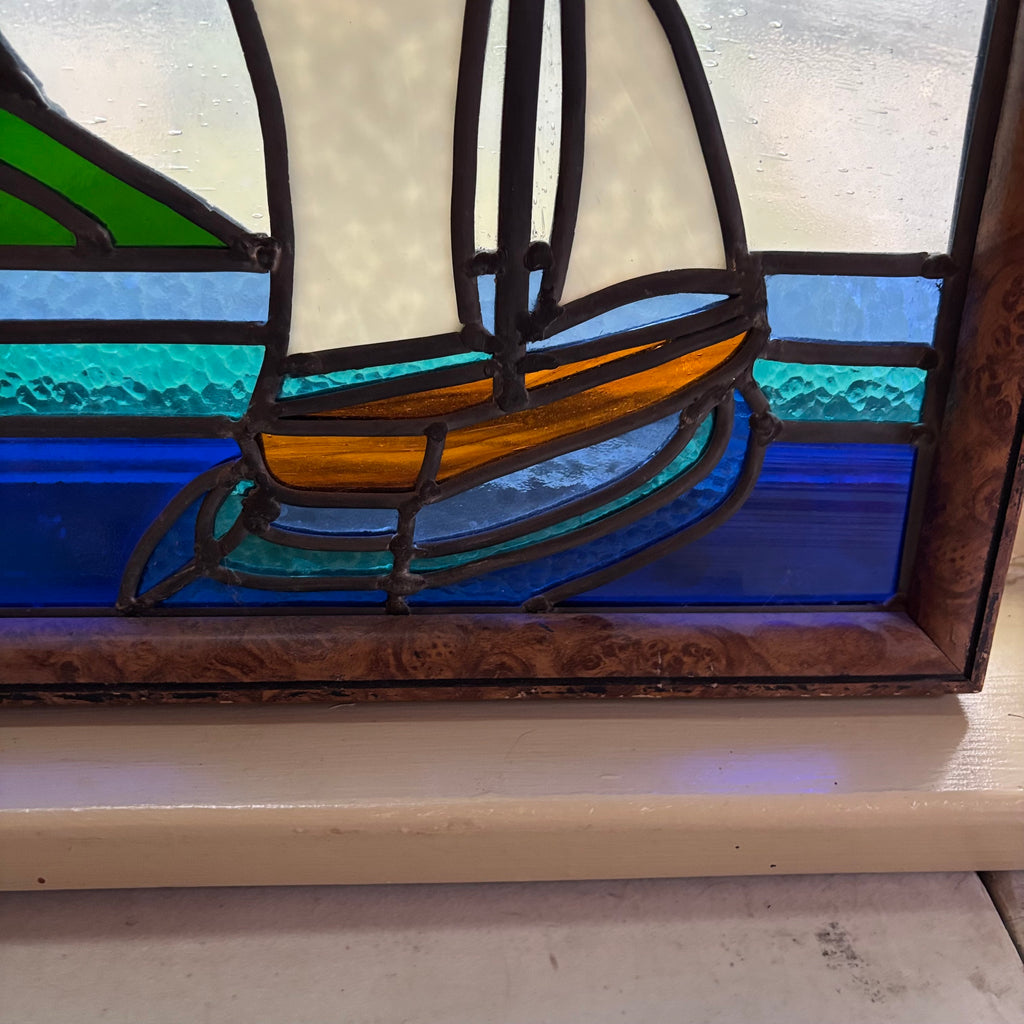 E112 Vintage stained glass window  (19” x 12.5”)