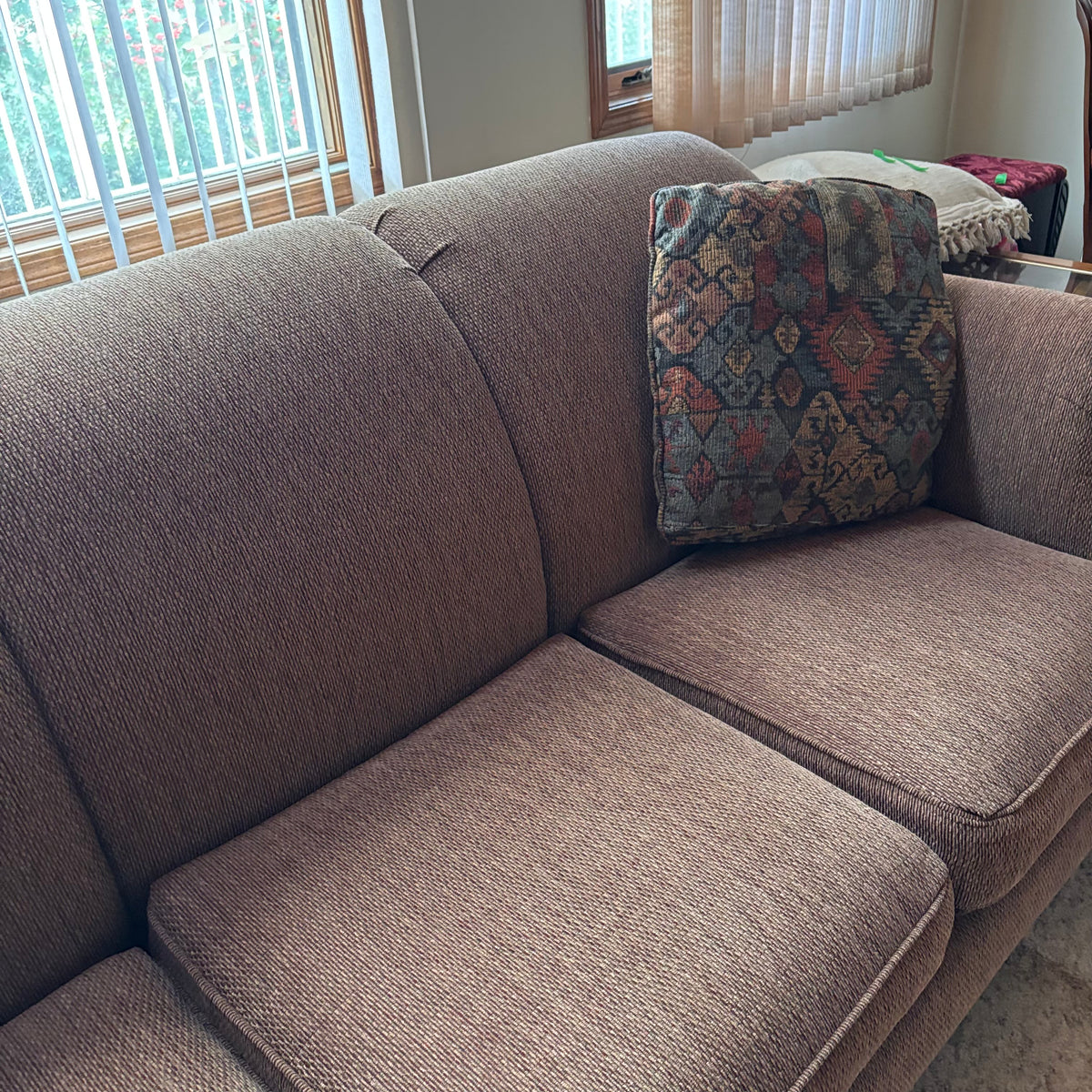 F414 Vintage Sears brown fabric sofa (87" x 38" x 36")
