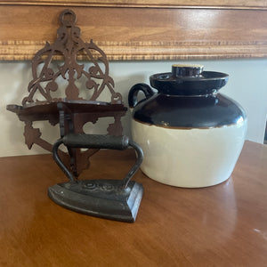 Vintage Crock, Iron and Small Wooden Shelf - V192