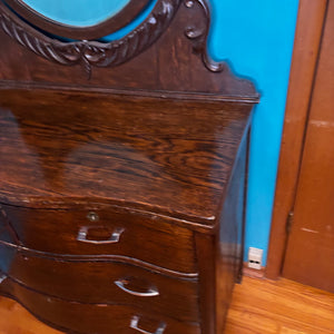 Antique Solid Wood Dresser with Oval Beveled Mirror - V150