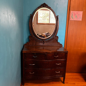 Antique Solid Wood Dresser with Oval Beveled Mirror - V150