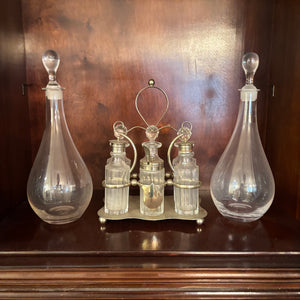 VINTAGE CONDIMENT SET AND 2 GLASS DECANTERS - P110