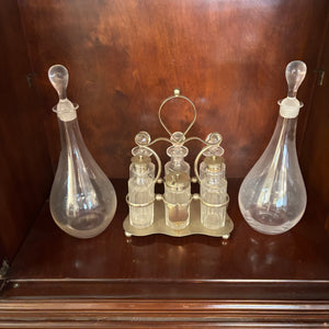 VINTAGE CONDIMENT SET AND 2 GLASS DECANTERS - P110