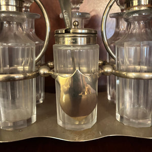 VINTAGE CONDIMENT SET AND 2 GLASS DECANTERS - P110