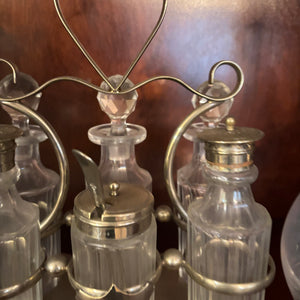 VINTAGE CONDIMENT SET AND 2 GLASS DECANTERS - P110