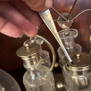 VINTAGE CONDIMENT SET AND 2 GLASS DECANTERS - P110