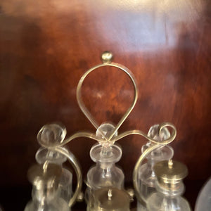 VINTAGE CONDIMENT SET AND 2 GLASS DECANTERS - P110