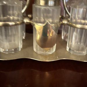 VINTAGE CONDIMENT SET AND 2 GLASS DECANTERS - P110