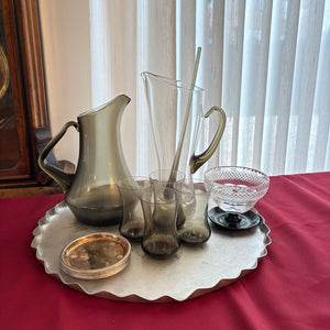 VINTAGE BARWARE GROUPING (SMOKED GLASS PITCHER SET AND MORE) - P113