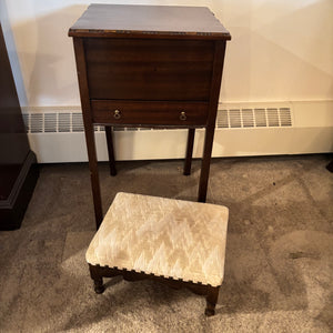 VINTAGESOLID WOOD  SEWING STAND AND SMALL STOOL (STAND HAS LEG THAT NEEDS REPAIR) - P133