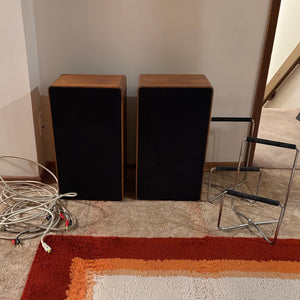 Set of 2 Mid Century Braun Wood Framed Stereo Speakers with Stands and Cabes - M358