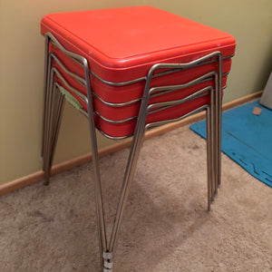 Set of 4 Bright Orange MCM Stacking Stools with Hairpin Legs - R319