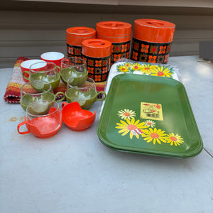 MCM Grouping (Orange Tin Cannister Set, Green Tin Trays and More) - R327
