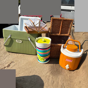 6 Piece Vintage Grouping (Large Wicker Basket, Cooler and More) - R341