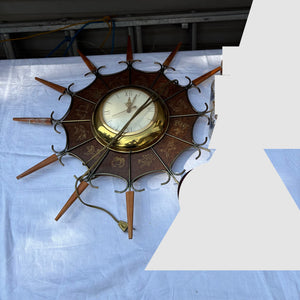 As is MCM Starburst Clock, Clock Pieces, Wooden Shelves and Metal Trays - R399