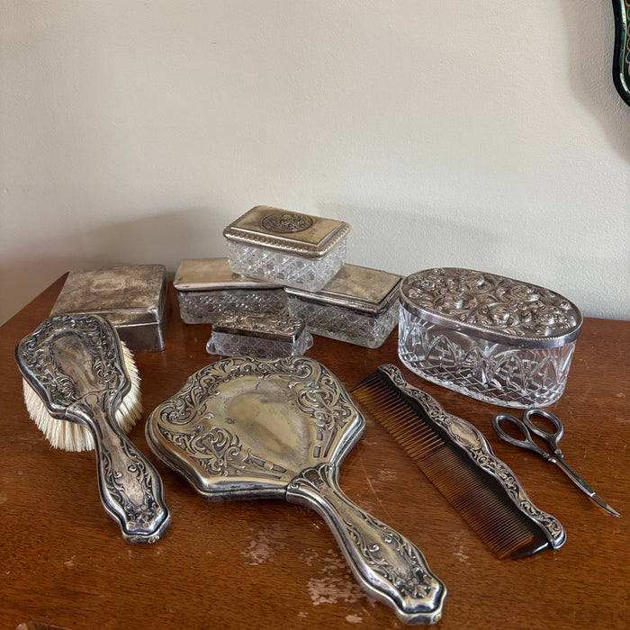 ANTIQUE DRESSING TABLE ITEMS (STAMPED SILVER AND MORE) - P341