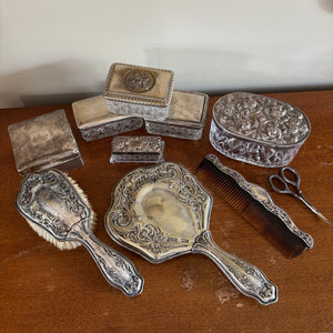 ANTIQUE DRESSING TABLE ITEMS (STAMPED SILVER AND MORE) - P341