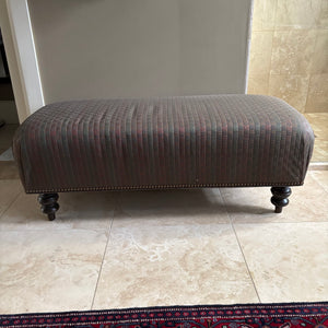 Bench 16” High Bench with Grey Fabric with Green, Red Gold Pattern and Wooden Legs - M317