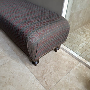 Bench 16” High Bench with Grey Fabric with Green, Red Gold Pattern and Wooden Legs - M317