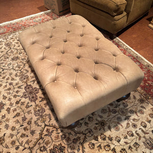 Tufted Beige Leather Ottoman with Wooden Legs - M334