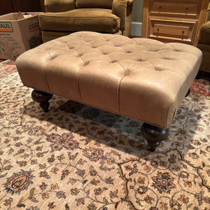 Tufted Beige Leather Ottoman with Wooden Legs - M334