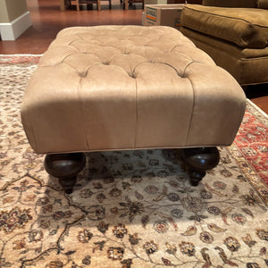 Tufted Beige Leather Ottoman with Wooden Legs - M334