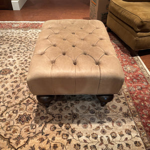 Tufted Beige Leather Ottoman with Wooden Legs - M334