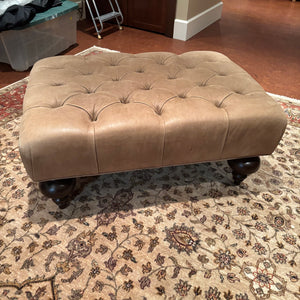 Tufted Beige Leather Ottoman with Wooden Legs - M334